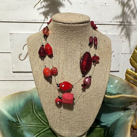Chicos Red Artisan Lampwork Glass Bead Illusion Necklace - Picture 1 of 4
